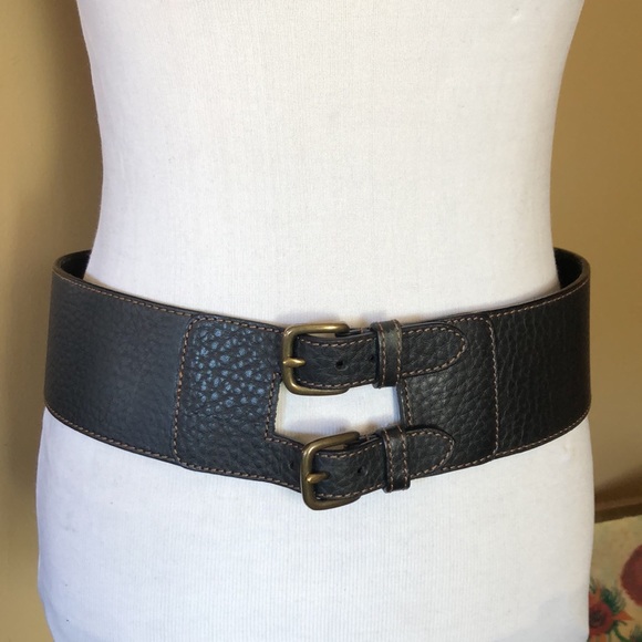 Vtg Y2K ANN TAYLOR LOFT Size Medium Dual Buckle Belt LEATHER Dual Buckle Brass - Picture 2 of 16